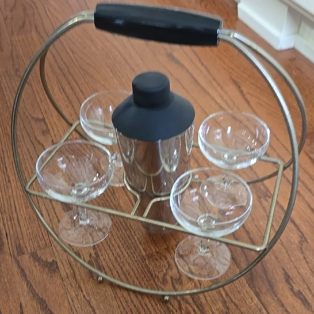 Vintage Brass Cocktail Carrier with Glasses and Shaker